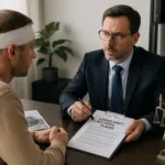 A realistic horizontal photo showing a lawyer reviewing cargo accident evidence with a truck crash victim.