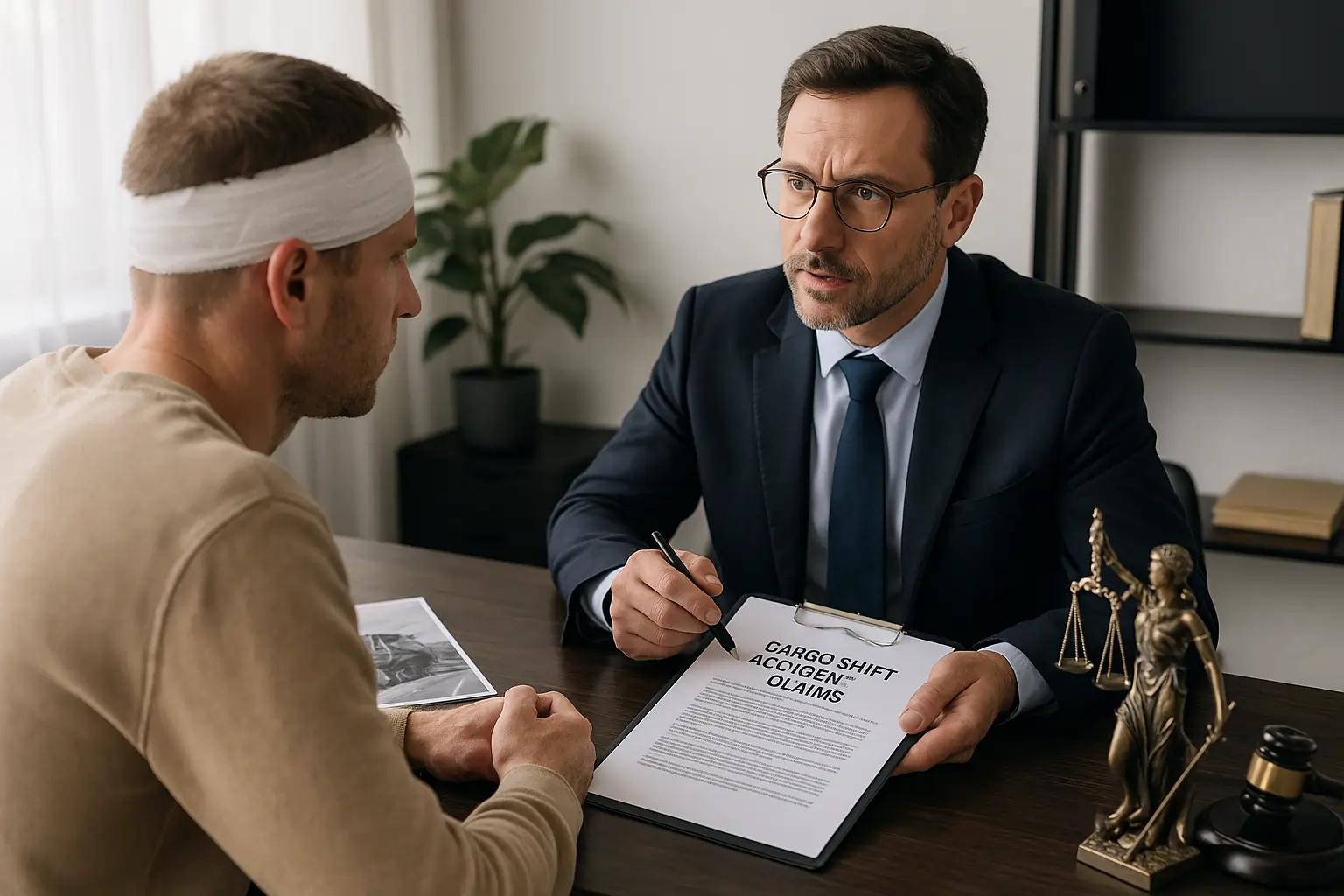 A realistic horizontal photo showing a lawyer reviewing cargo accident evidence with a truck crash victim.