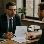 A realistic horizontal photo of a lawyer advising a client about truck accident compensation strategies.
