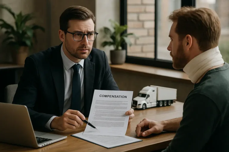 A realistic horizontal photo of a lawyer advising a client about truck accident compensation strategies.