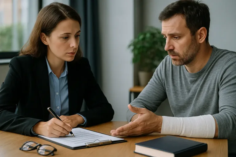 A realistic horizontal photo of a car accident victim consulting with a lawyer about medical claims.