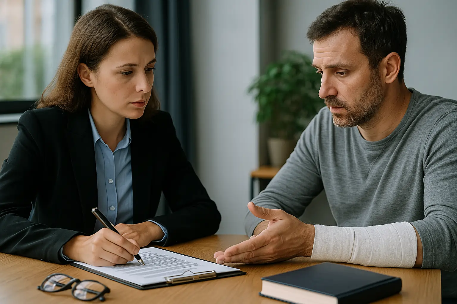A realistic horizontal photo of a car accident victim consulting with a lawyer about medical claims.
