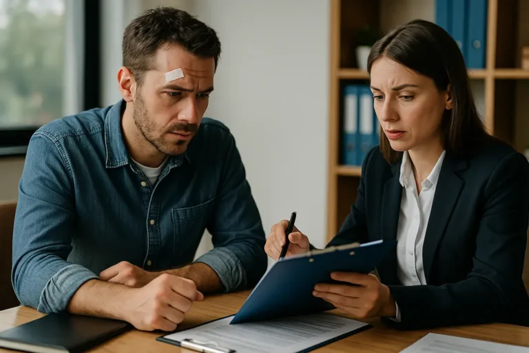 A realistic horizontal photo of an auto accident victim consulting a lawyer about an insurance claim.