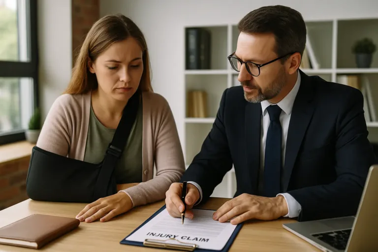 A realistic horizontal photo of a car accident victim consulting a lawyer about injury claims.