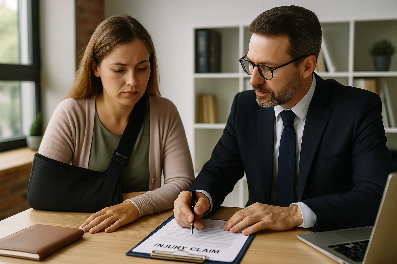 A realistic horizontal photo of a car accident victim consulting a lawyer about injury claims.
