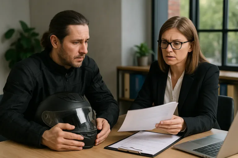 A realistic horizontal image of a highway accident victim consulting a lawyer about settlement challenges.