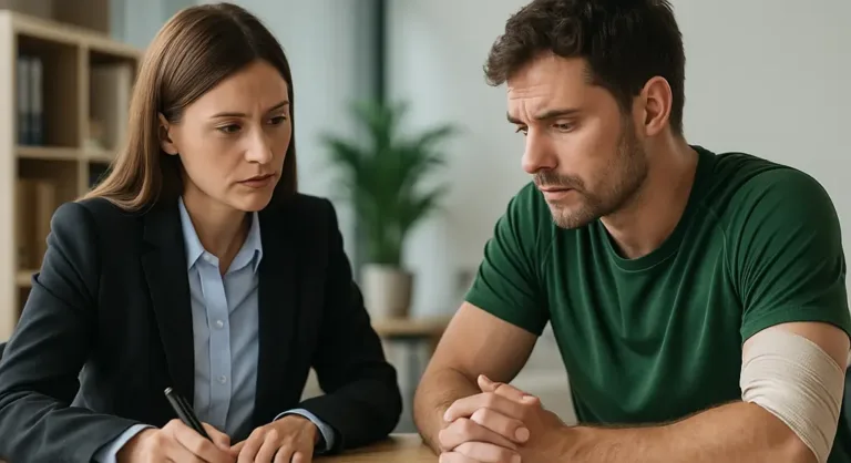 A realistic photo showing a lawyer advising an injured athlete about legal claim options.