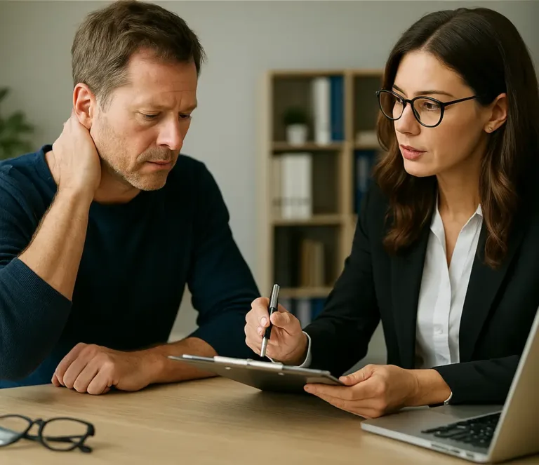 A realistic horizontal image of a car accident victim consulting with a personal injury lawyer about rear-end crash injuries.