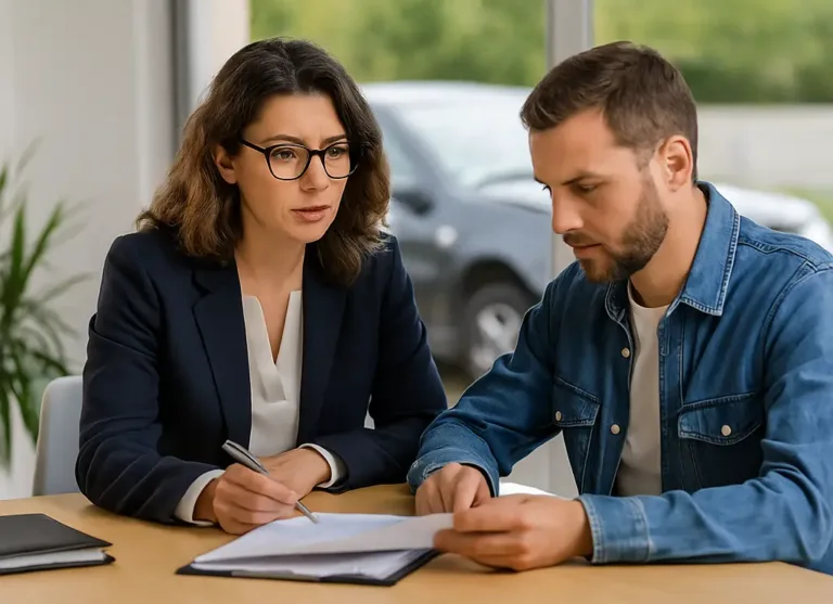 A realistic horizontal image of a lawyer advising a driver after a minor car accident.