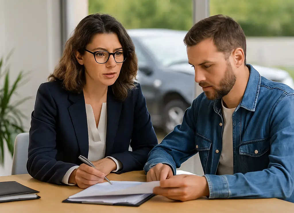 A realistic horizontal image of a lawyer advising a driver after a minor car accident.
