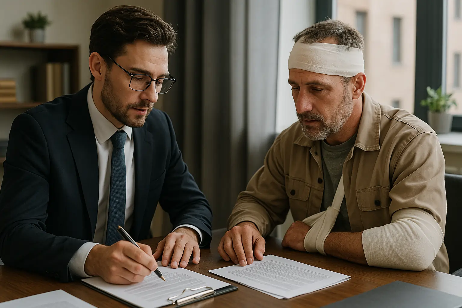 workplace injury attorney assisting client with accident claim paperwork