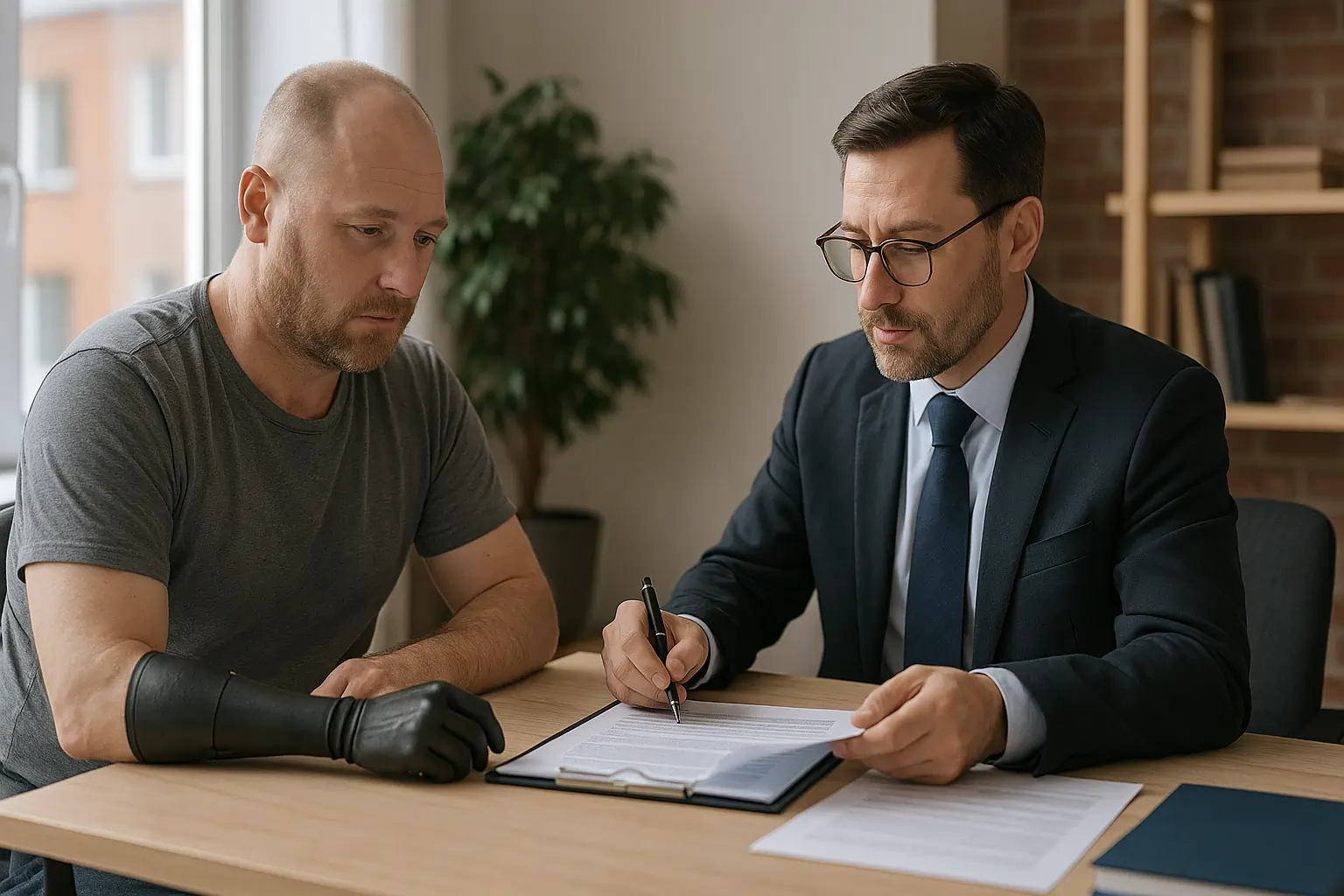 amputation injury lawyer helping a client in an office