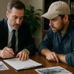 Truck accident scene investigation with lawyer and client reviewing documents.