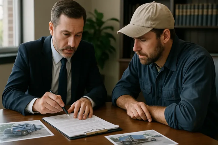Truck accident scene investigation with lawyer and client reviewing documents.