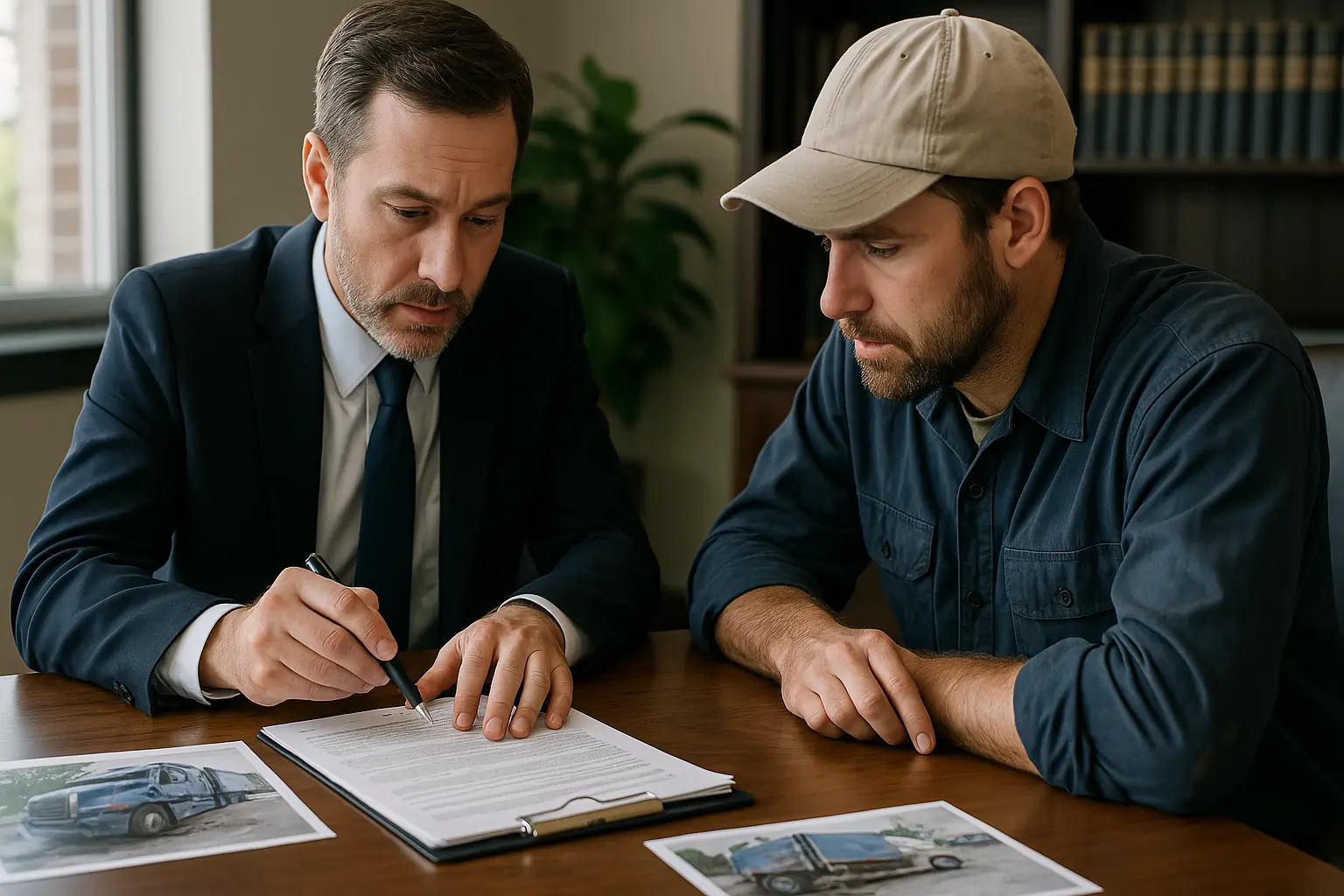 Truck accident scene investigation with lawyer and client reviewing documents.