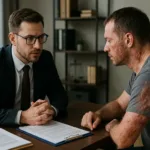 burn injury lawyer discussing case with client in office