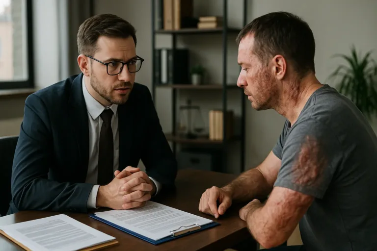 burn injury lawyer discussing case with client in office