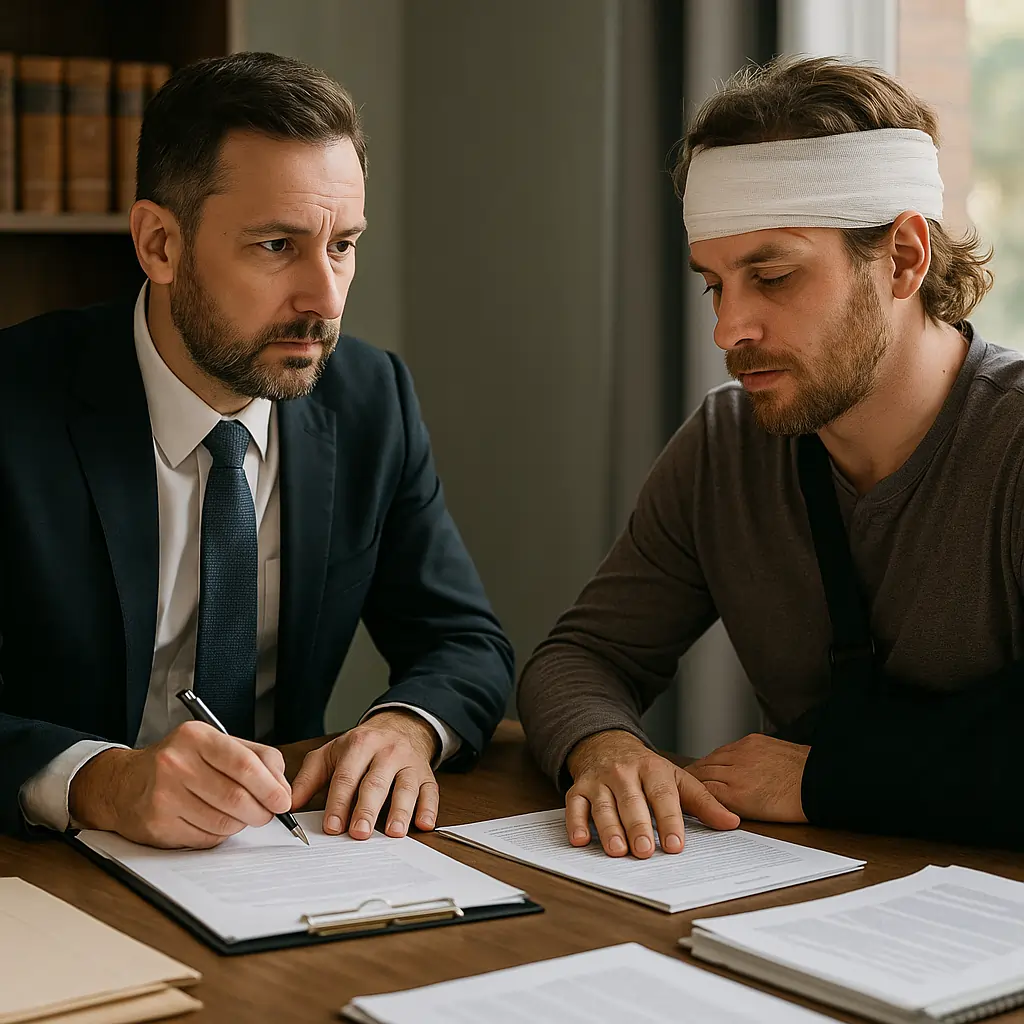 Motorcycle accident head injury legal consultation scene
