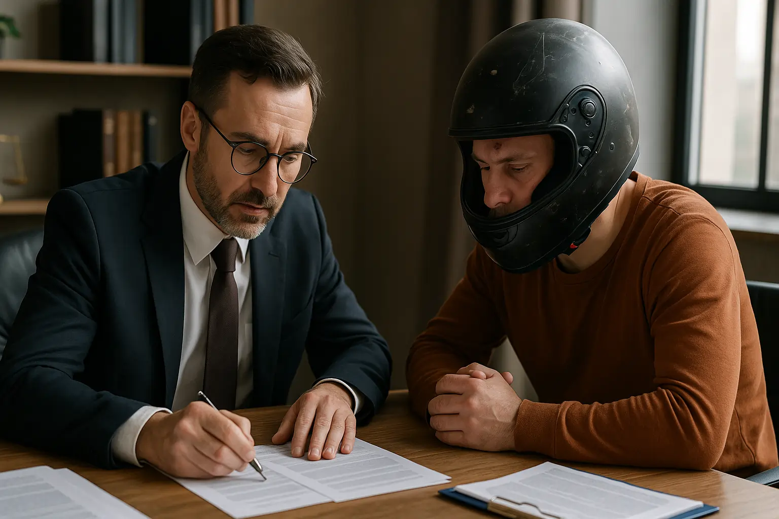 intersection motorcycle accident lawyer helping client at office