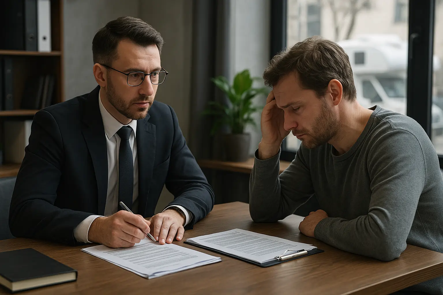 Recreational vehicle accident lawyer discussing claim details with a client in an office