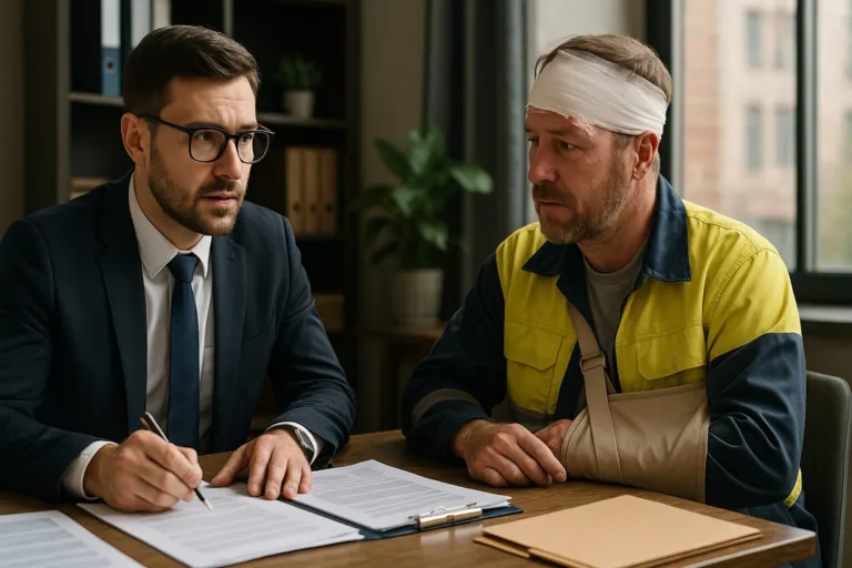 workplace accident lawyer discussing compensation with injured worker in office