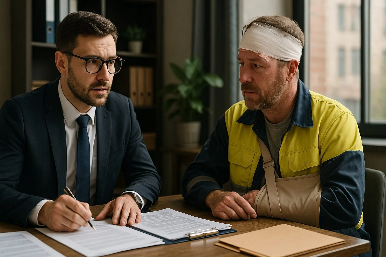workplace accident lawyer discussing compensation with injured worker in office