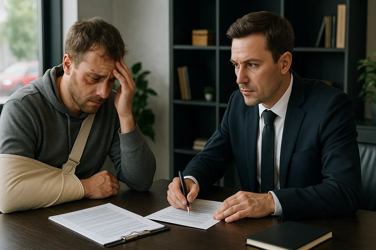 Drunk driving car accident lawyer helping injured client in office
