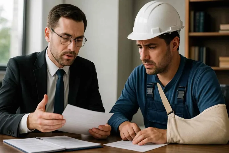 workplace accident lawyer helping injured worker in office
