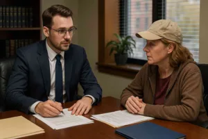 regional truck lawyer discussing compensation with a client in office